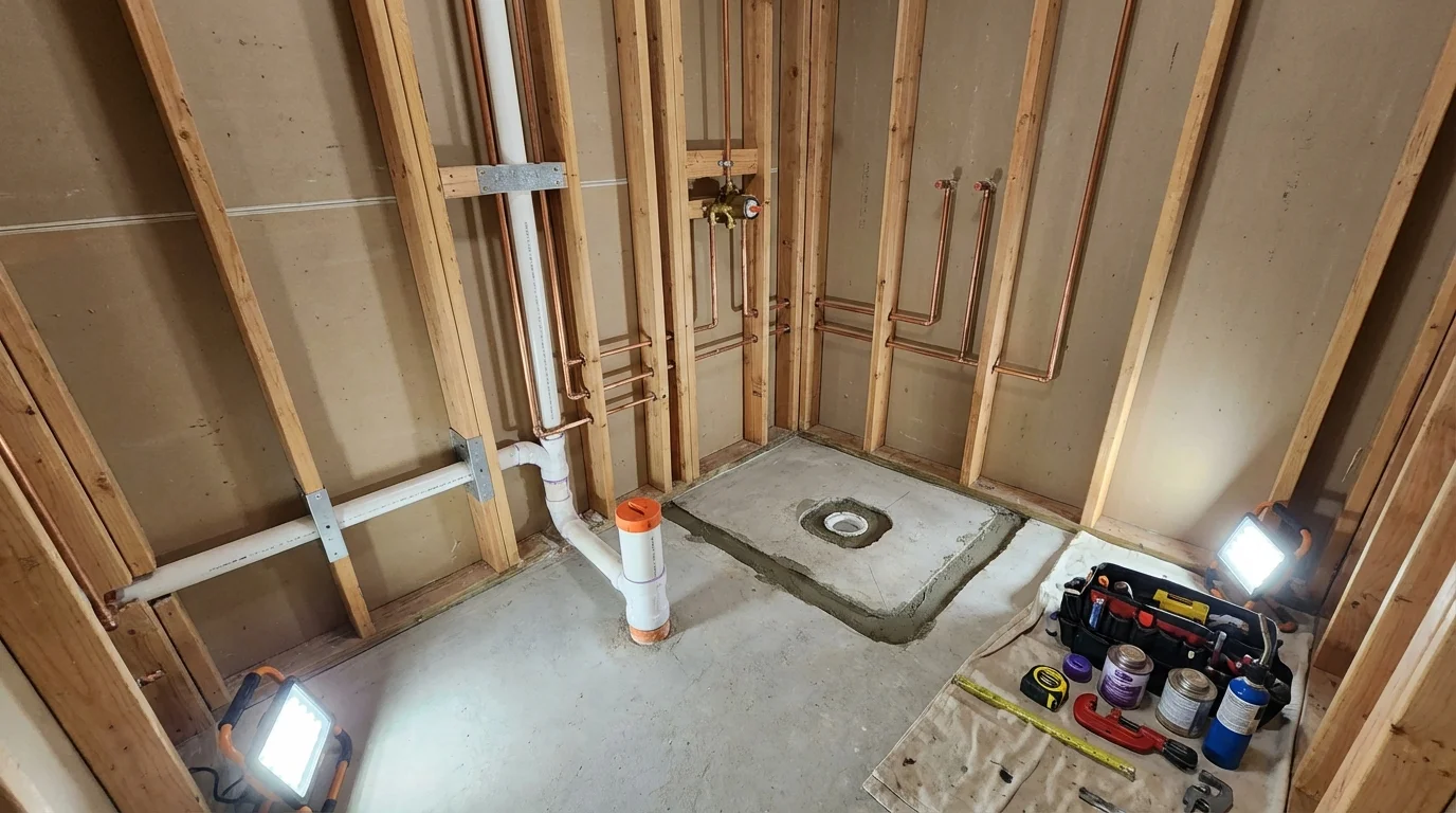 Bathroom rough-in plumbing during remodel by Johns Plumbing LLC in Harwich