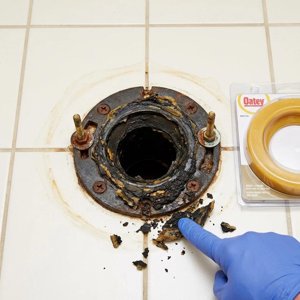 Failed wax ring showing water seepage at the base of a toilet in a Harwich, MA home