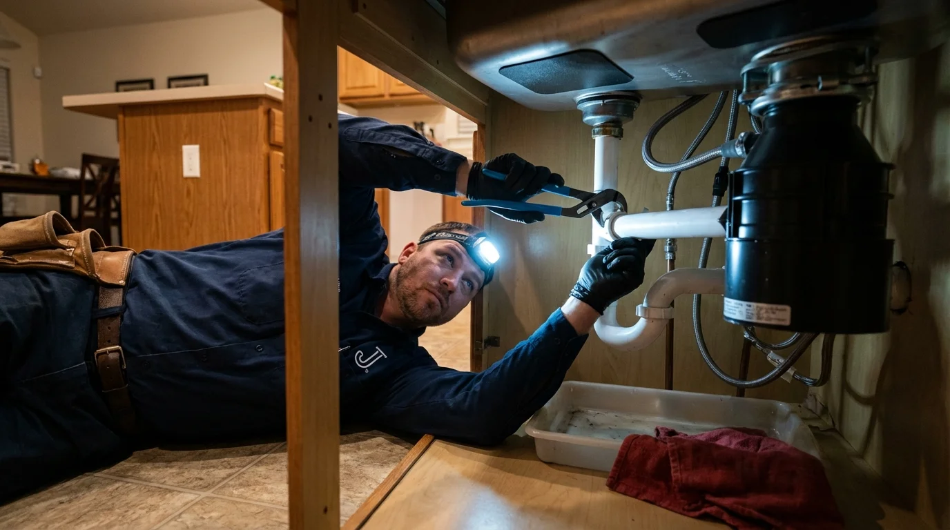 P-trap and supply line connections under a kitchen sink showing a common leak point in Harwich, MA